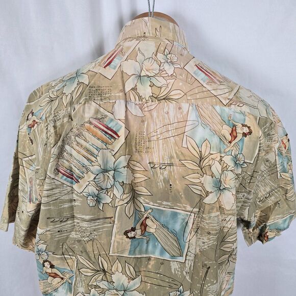 Campia Moda Shirt Men's M Tan Floral Surfs Up Hawaiian Button Down Short Sleeve - Picture 6 of 16
